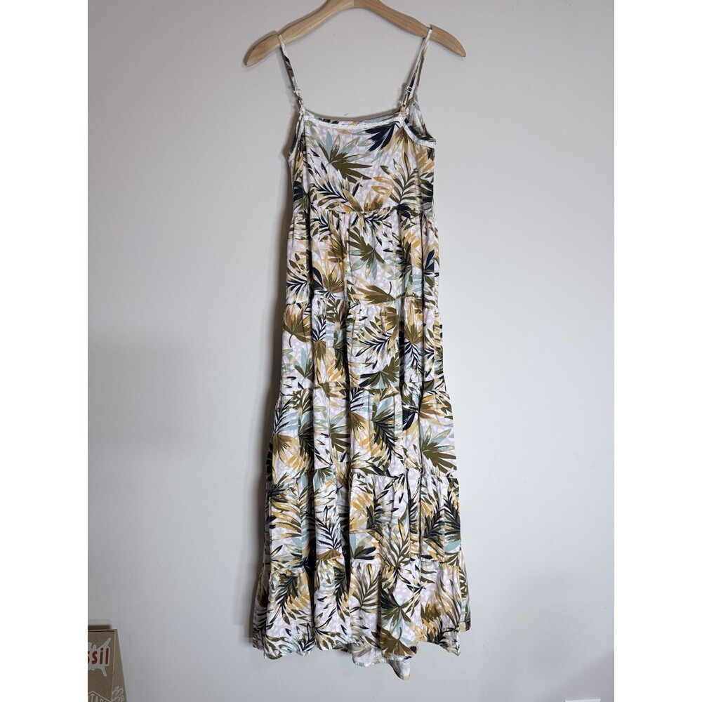 Jessica Simpson Sz S maxi dress earth tone tropical print %100 viscose tiered - Picture 3 of 9